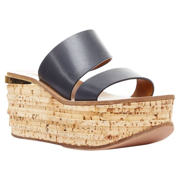 Chloe navy leather cork platform wedge sandals - Picture 2 of 6